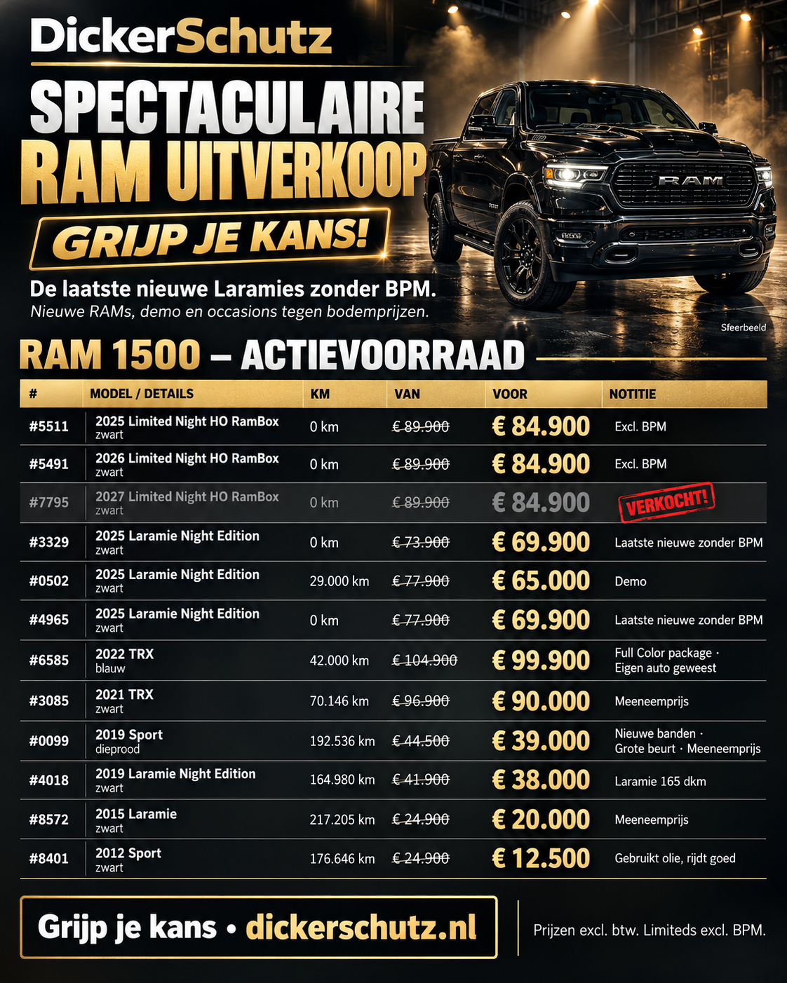 Zwart-gouden DickerSchutz RAM-uitverkoopposter. Alle aanbiedingen en prijzen staan hieronder ook als leesbare tekst.